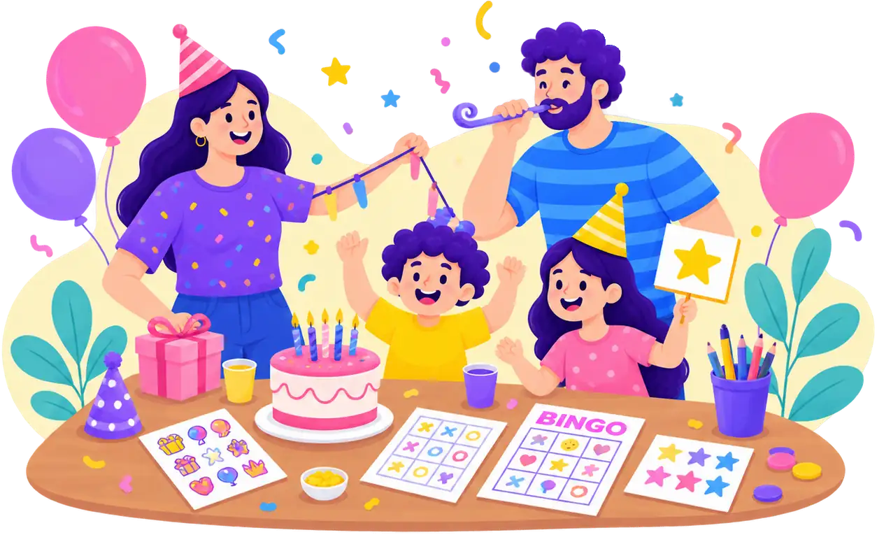 A family at a table covered in printable bingo cards, a birthday cake and balloons
